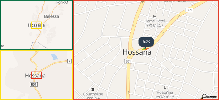 Map showing the address of ሲፎና in three different zoom levels.