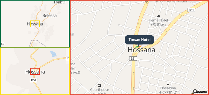 Map showing the address of Tinsae Hotel in three different zoom levels.