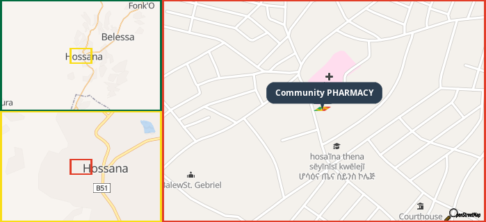 Map showing the address of Community PHARMACY in three different zoom levels.
