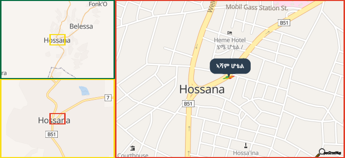 Map showing the address of ኣሻም ሆቴል in three different zoom levels.