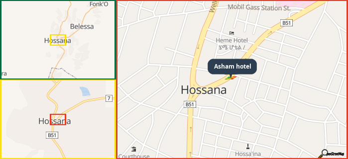 Map showing the address of Asham hotel in three different zoom levels.