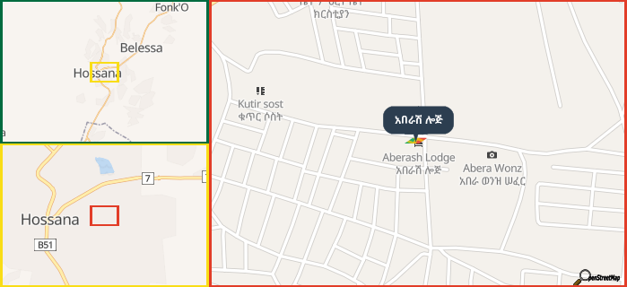 Map showing the address of አበራሽ ሎጅ in three different zoom levels.