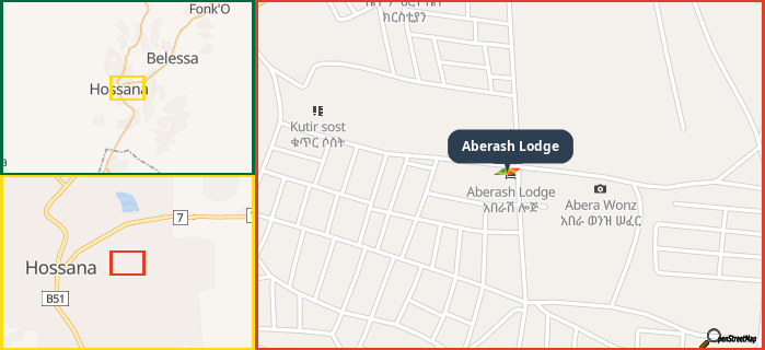 Map showing the address of Aberash Lodge in three different zoom levels.