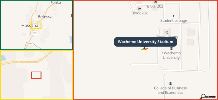 Map showing the address of Wachemo University Stadium in three different zoom levels.