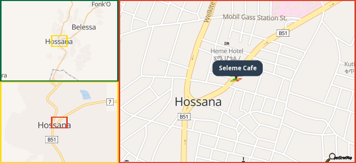 Map showing the address of Seleme Cafe in three different zoom levels.
