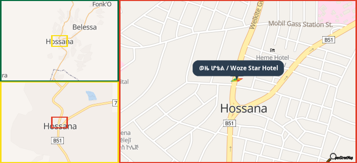 Map showing the address of ወዜ ሆቴል / Woze Star Hotel in three different zoom levels.