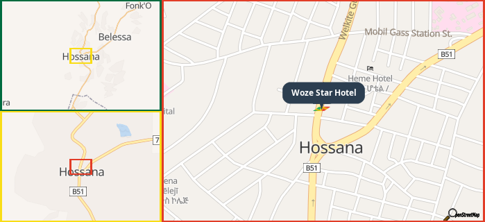 Map showing the address of Woze Star Hotel in three different zoom levels.
