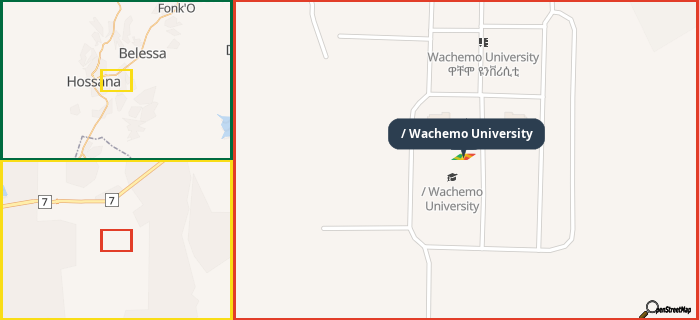 Map showing the address of / Wachemo University in three different zoom levels.