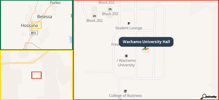 Map showing the address of Wachamo University Hall in three different zoom levels.
