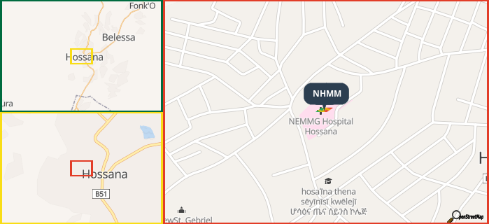 Map showing the address of NHMM in three different zoom levels.
