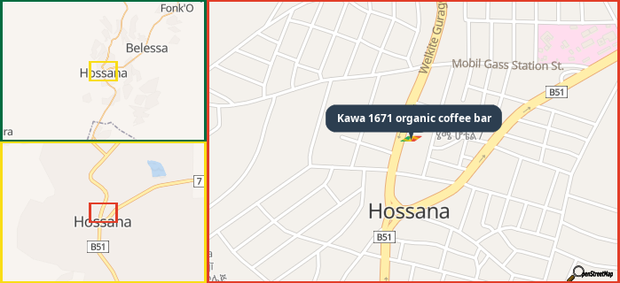 Map showing the address of Kawa 1671 organic coffee bar in three different zoom levels.