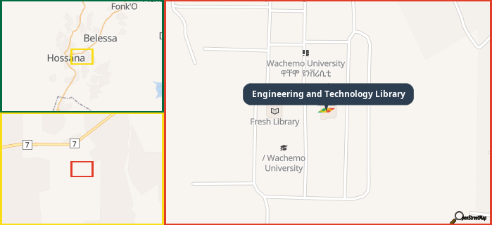 Map showing the address of Engineering and Technology Library in three different zoom levels.