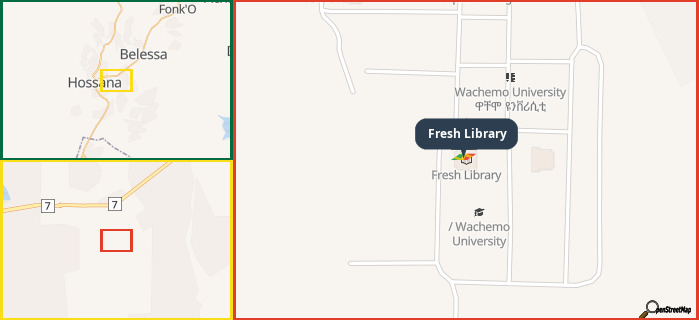 Map showing the address of Fresh Library in three different zoom levels.