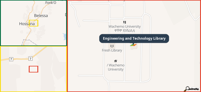Map showing the address of Engineering and Technology Library in three different zoom levels.