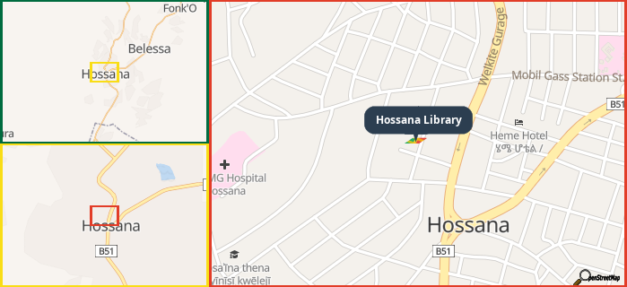 Map showing the address of Hossana Library in three different zoom levels.