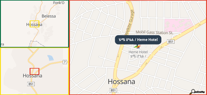 Map showing the address of ሄሜ ሆቴል / Heme Hotel in three different zoom levels.