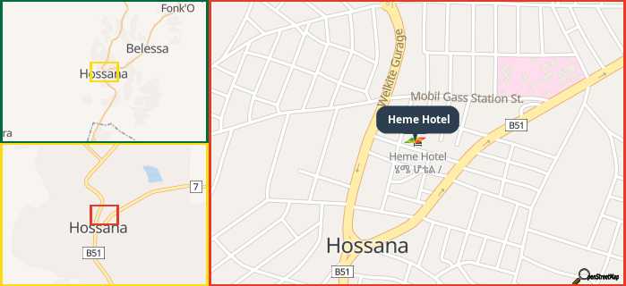 Map showing the address of Heme Hotel in three different zoom levels.