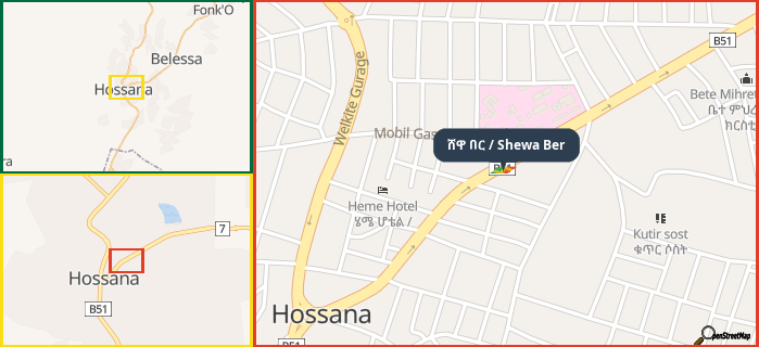 Map showing the address of ሸዋ በር / Shewa Ber in three different zoom levels.