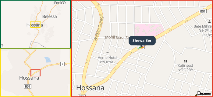 Map showing the address of Shewa Ber in three different zoom levels.