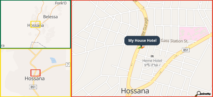 Map showing the address of My House Hotel in three different zoom levels.