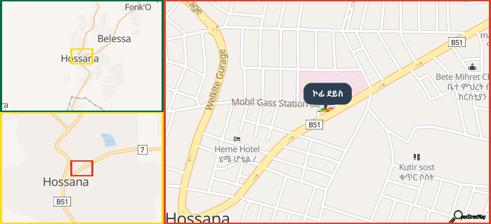 Map showing the address of ኮፊ ደይስ in three different zoom levels.