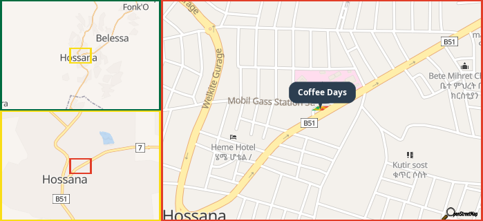 Map showing the address of Coffee Days in three different zoom levels.