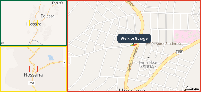 Map showing the address of Welkite Gurage in three different zoom levels.