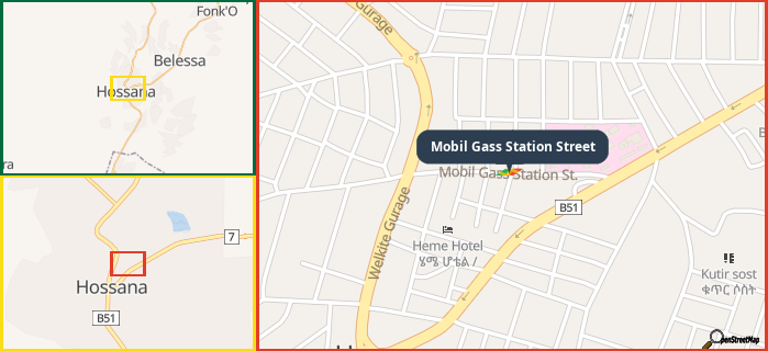 Map showing the address of Mobil Gass Station Street in three different zoom levels.