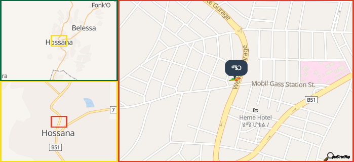 Map showing the address of ሜጋ in three different zoom levels.