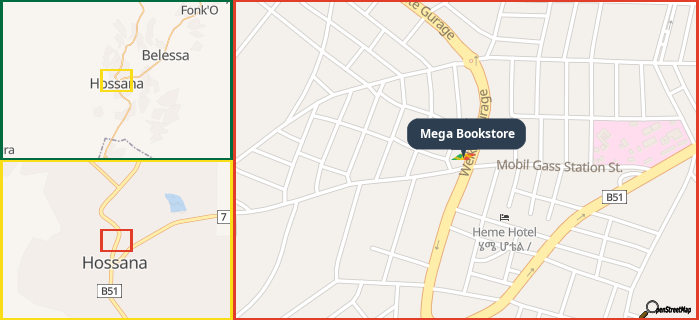 Map showing the address of Mega Bookstore in three different zoom levels.