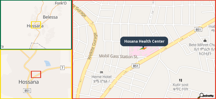 Map showing the address of Hosana Health Center in three different zoom levels.