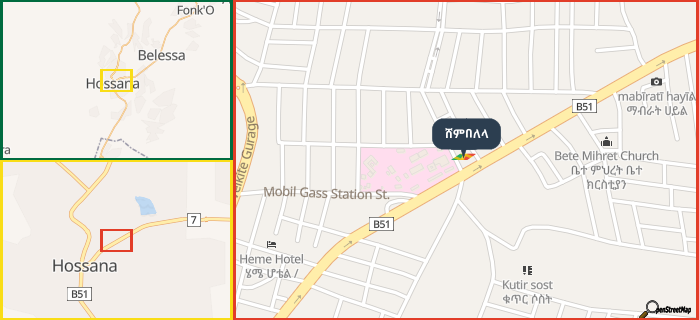 Map showing the address of ሸምበለላ in three different zoom levels.