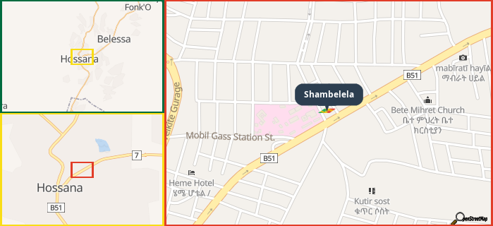 Map showing the address of Shambelela in three different zoom levels.