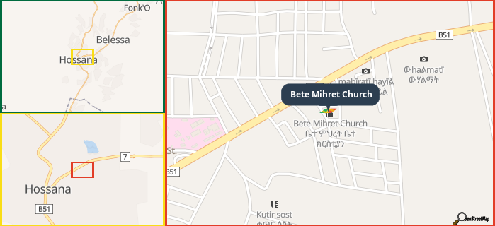 Map showing the address of Bete Mihret Church in three different zoom levels.