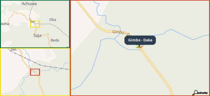 Map showing the address of Gimbo - Daka in three different zoom levels.