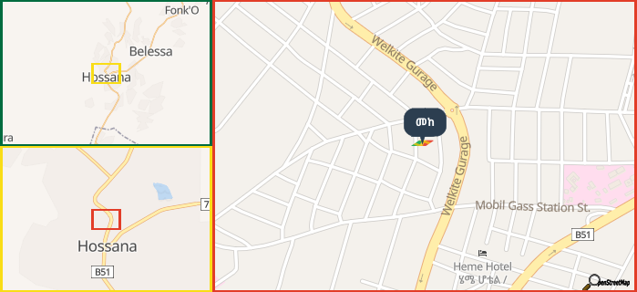Map showing the address of መከ in three different zoom levels.