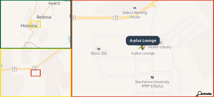Map showing the address of A-plus Lounge in three different zoom levels.