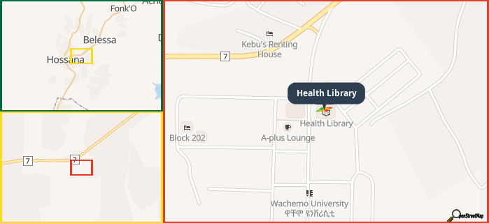 Map showing the address of Health Library in three different zoom levels.