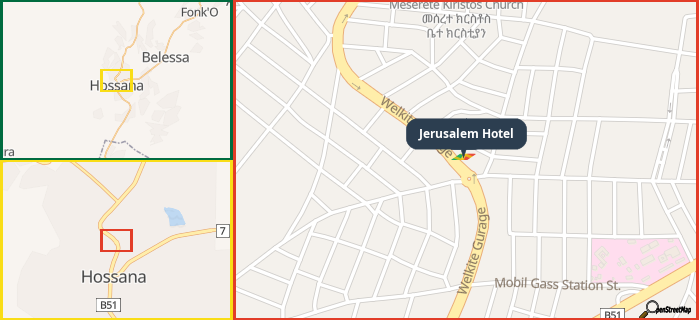 Map showing the address of Jerusalem Hotel in three different zoom levels.