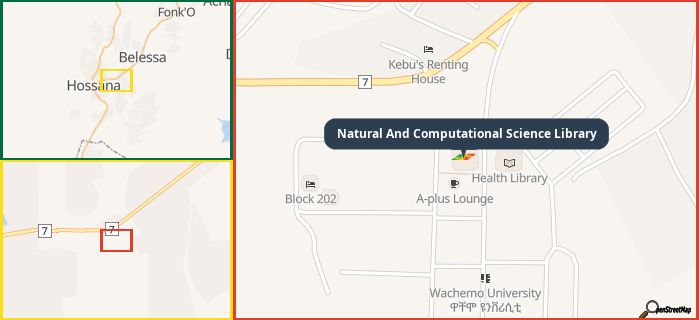 Map showing the address of Natural And Computational Science Library in three different zoom levels.
