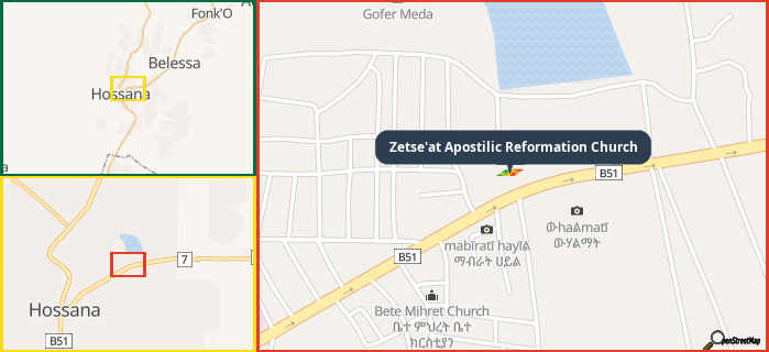 Map showing the address of Zetse'at Apostilic Reformation Church in three different zoom levels.