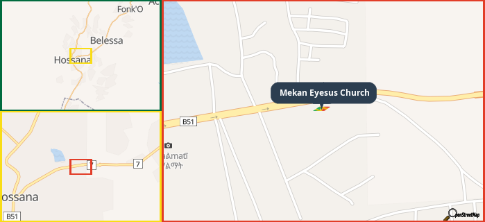 Map showing the address of Mekan Eyesus Church in three different zoom levels.