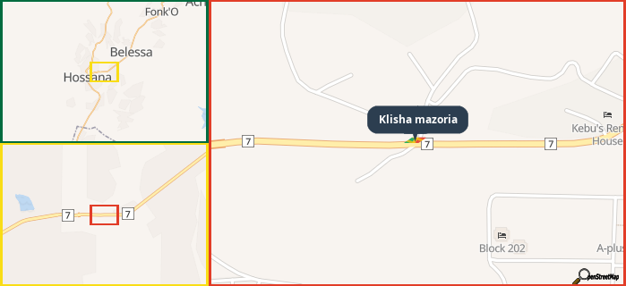 Map showing the address of Klisha mazoria in three different zoom levels.