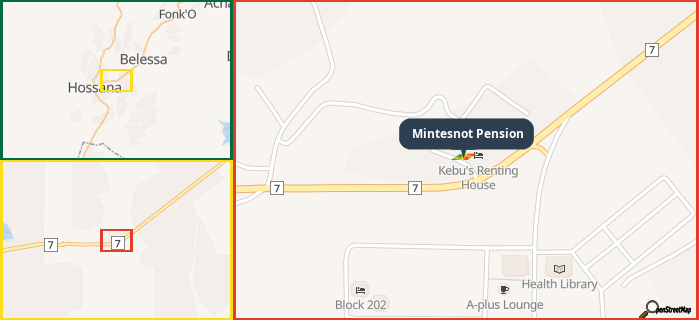 Map showing the address of Mintesnot Pension in three different zoom levels.