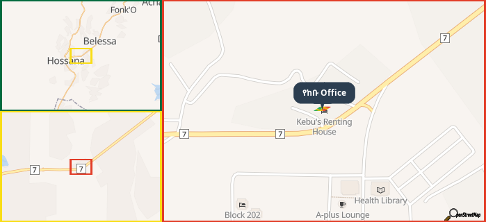 Map showing the address of የከቡ Office in three different zoom levels.