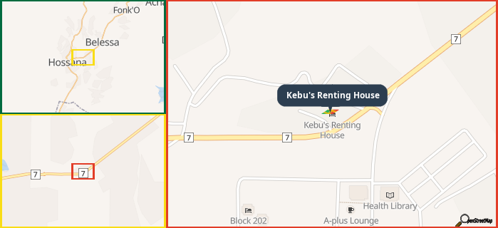 Map showing the address of Kebu's Renting House in three different zoom levels.