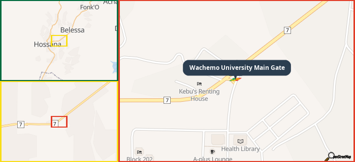 Map showing the address of Wachemo University Main Gate in three different zoom levels.