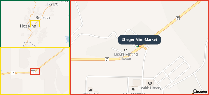Map showing the address of Sheger Mini-Market in three different zoom levels.