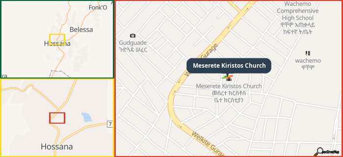 Map showing the address of Meserete Kiristos Church in three different zoom levels.