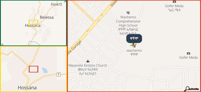 Map showing the address of ዋቸሞ in three different zoom levels.